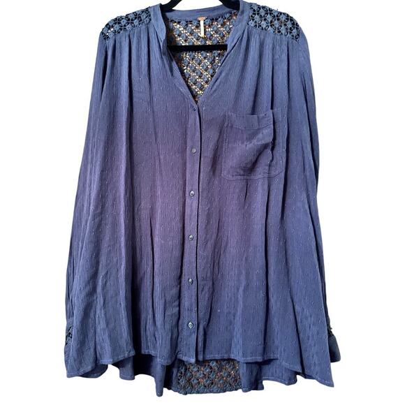 Free People Tops - Free People Navy crochet coastal cowgirl oversized L Boho drapey blouse Navy